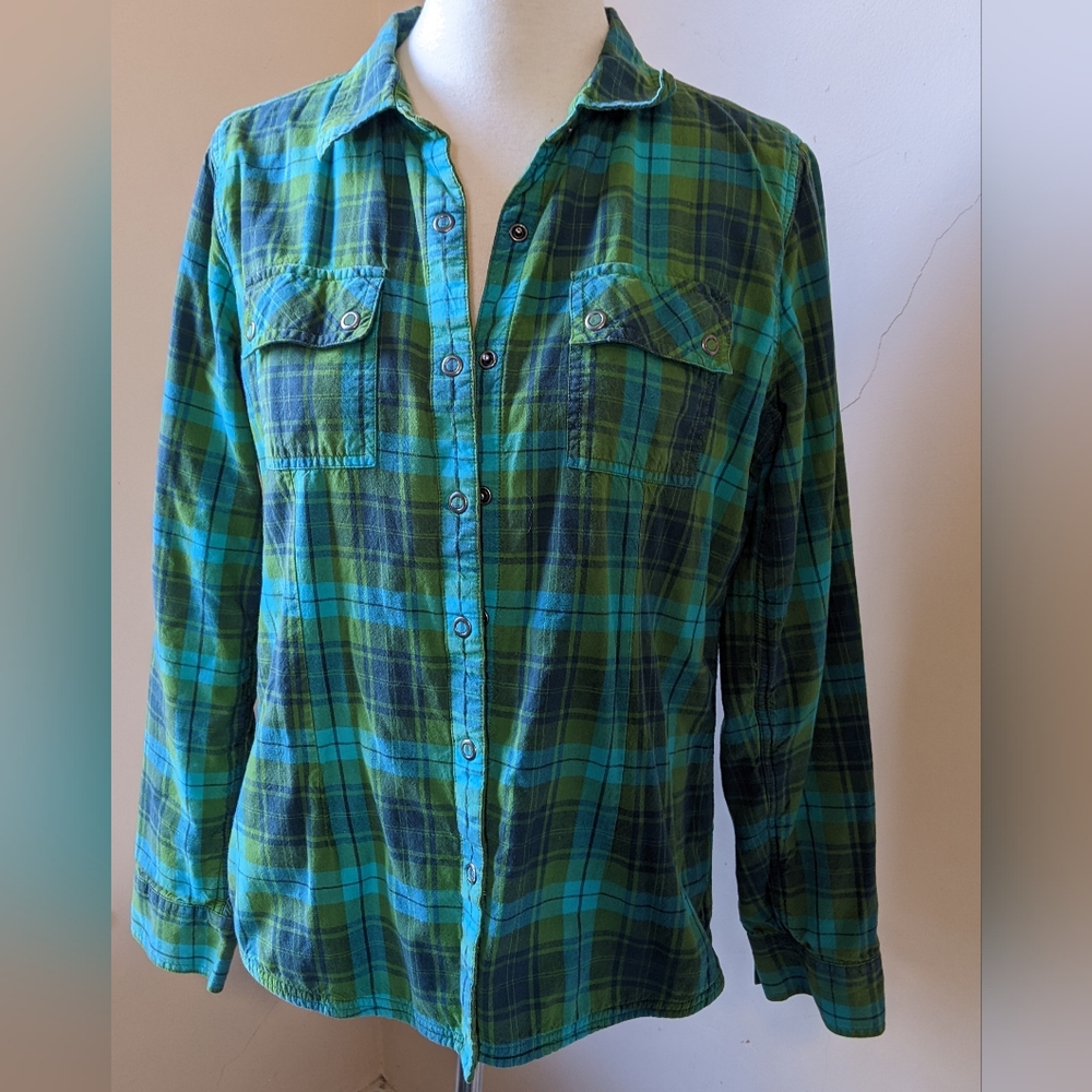 Prana Green and Blue Plaid Button-Up Shirt, Lined, Size Large